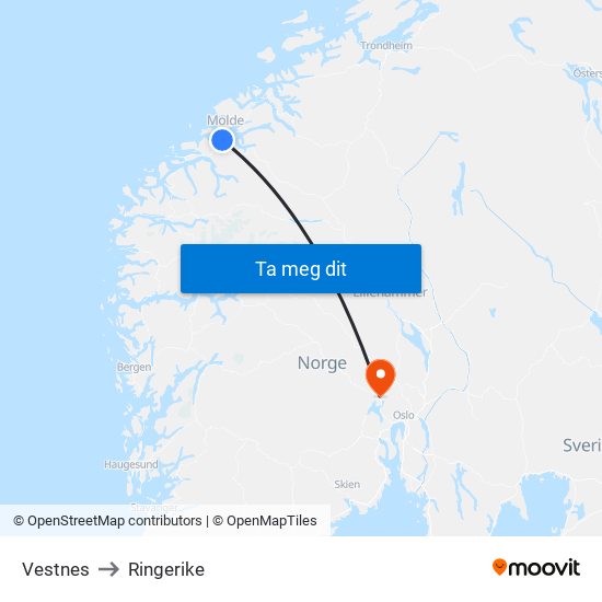 Vestnes to Ringerike map