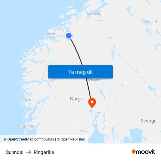 Sunndal to Ringerike map