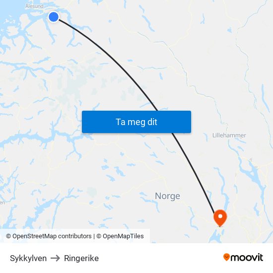 Sykkylven to Ringerike map