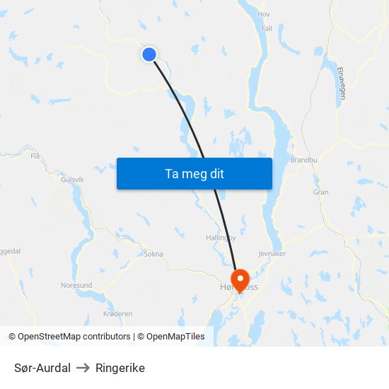 Sør-Aurdal to Ringerike map