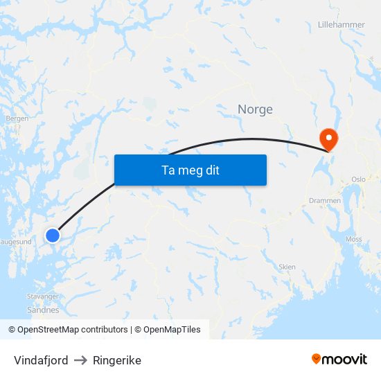 Vindafjord to Ringerike map