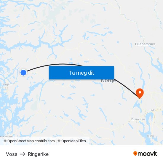 Voss to Ringerike map