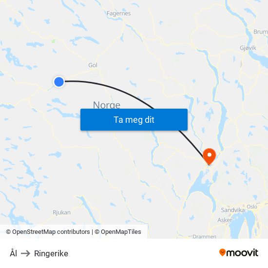 Ål to Ringerike map