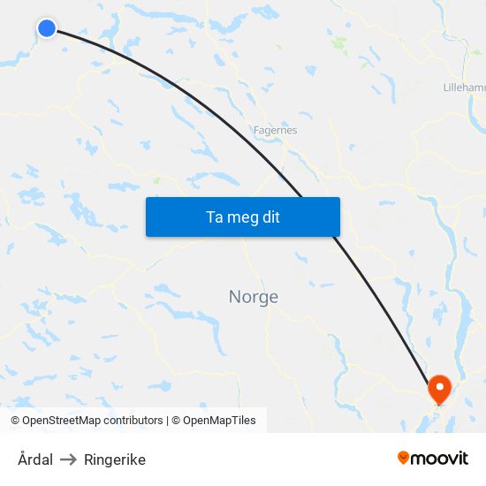 Årdal to Ringerike map