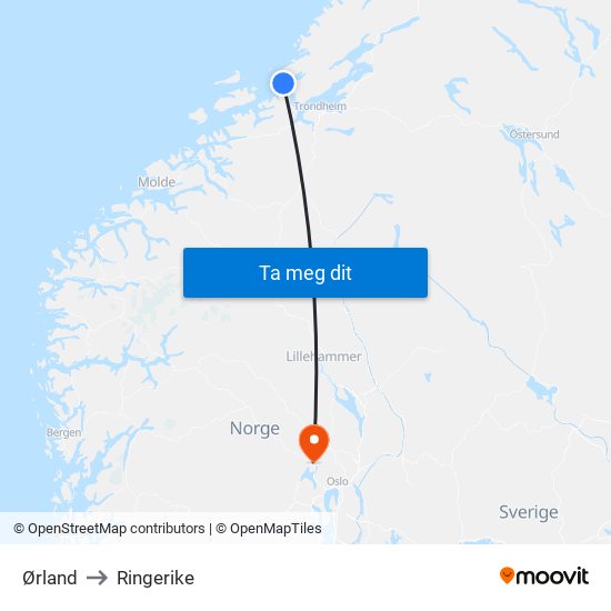 Ørland to Ringerike map