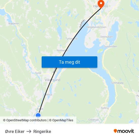 Øvre Eiker to Ringerike map