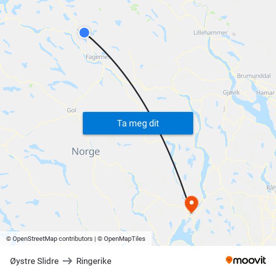 Øystre Slidre to Ringerike map