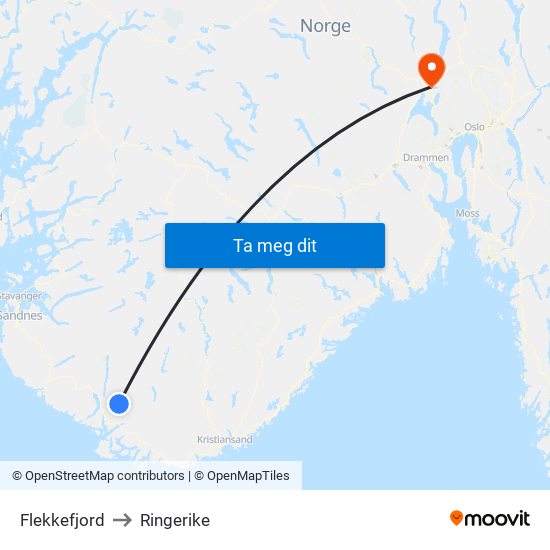 Flekkefjord to Ringerike map