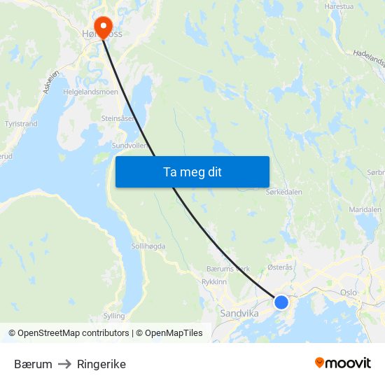 Bærum to Ringerike map
