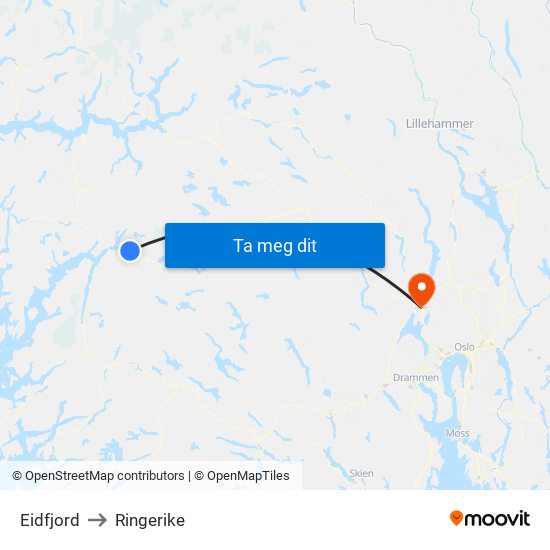 Eidfjord to Ringerike map