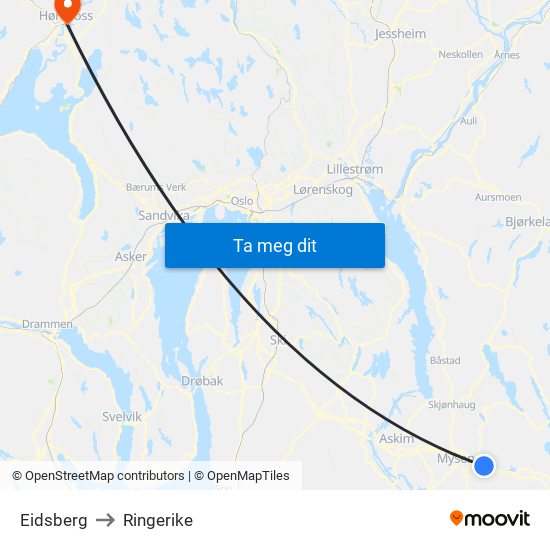 Eidsberg to Ringerike map