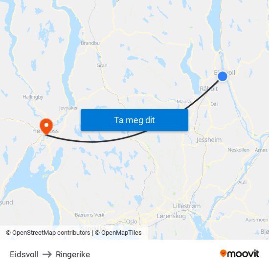Eidsvoll to Ringerike map