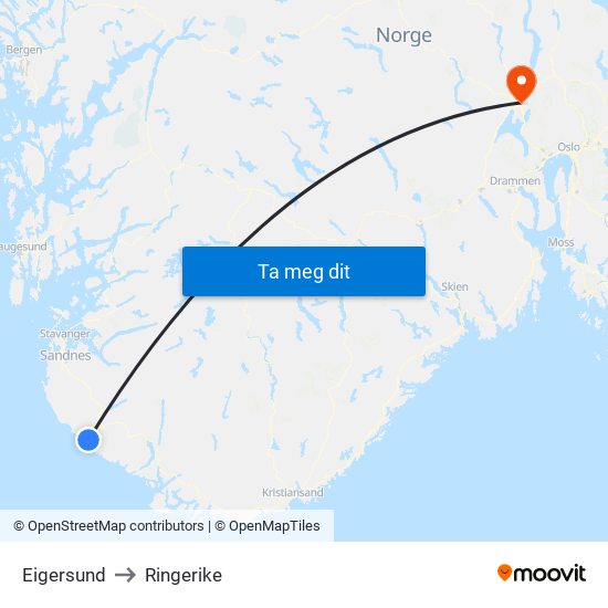 Eigersund to Ringerike map