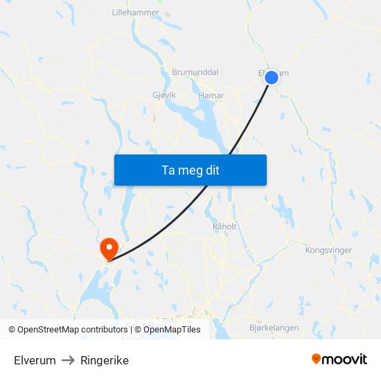 Elverum to Ringerike map