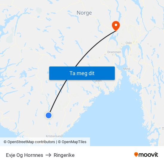 Evje Og Hornnes to Ringerike map