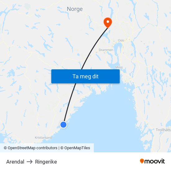 Arendal to Ringerike map