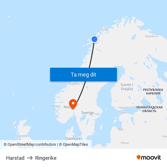 Harstad to Ringerike map