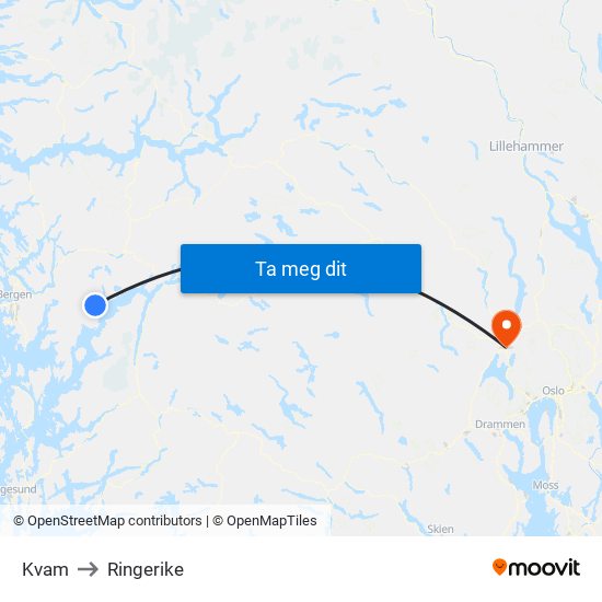 Kvam to Ringerike map