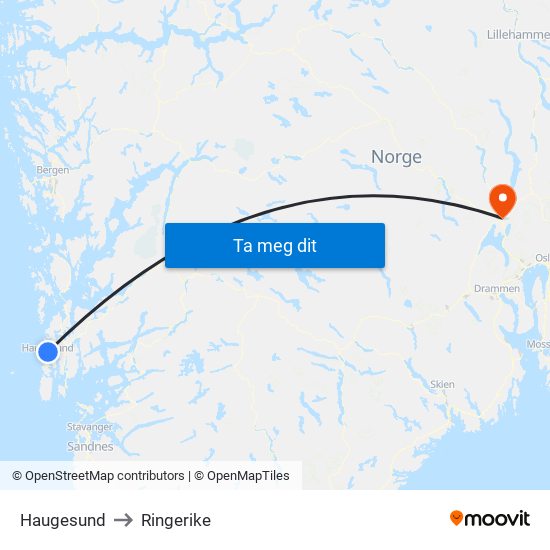 Haugesund to Ringerike map