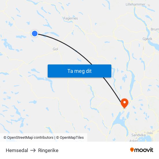 Hemsedal to Ringerike map