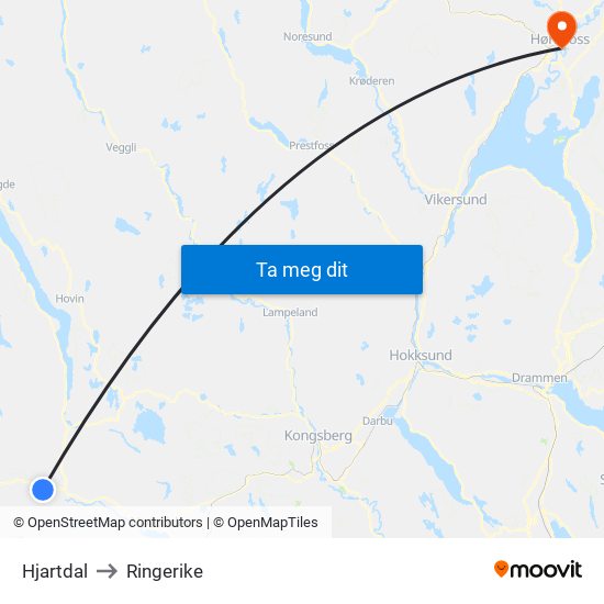 Hjartdal to Ringerike map