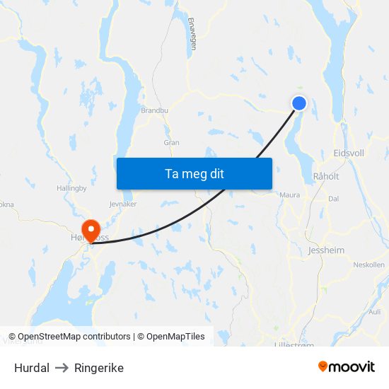 Hurdal to Ringerike map
