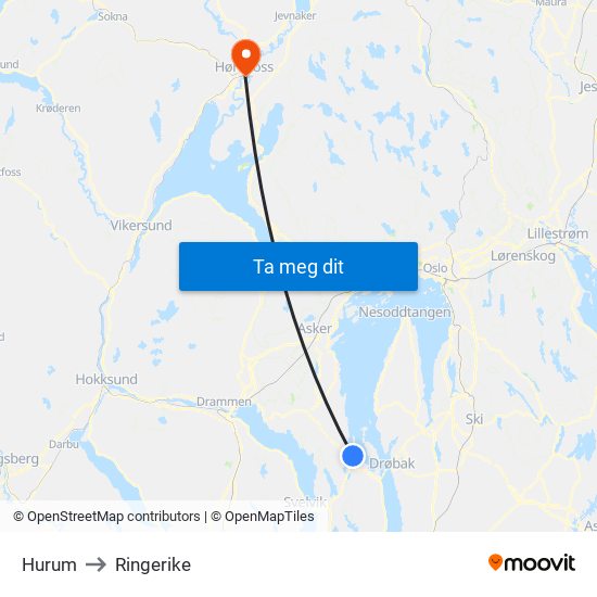 Hurum to Ringerike map