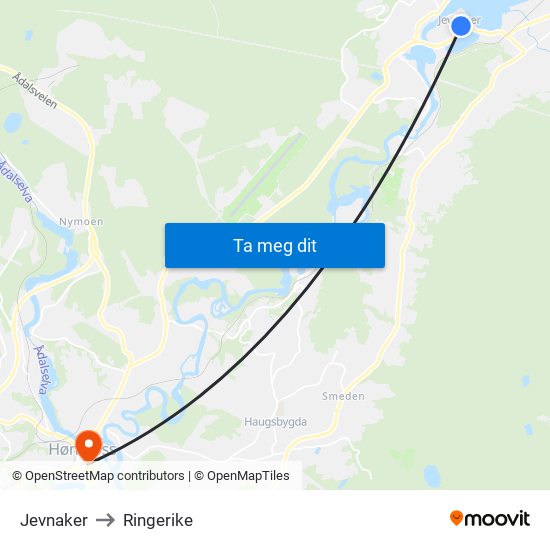 Jevnaker to Ringerike map