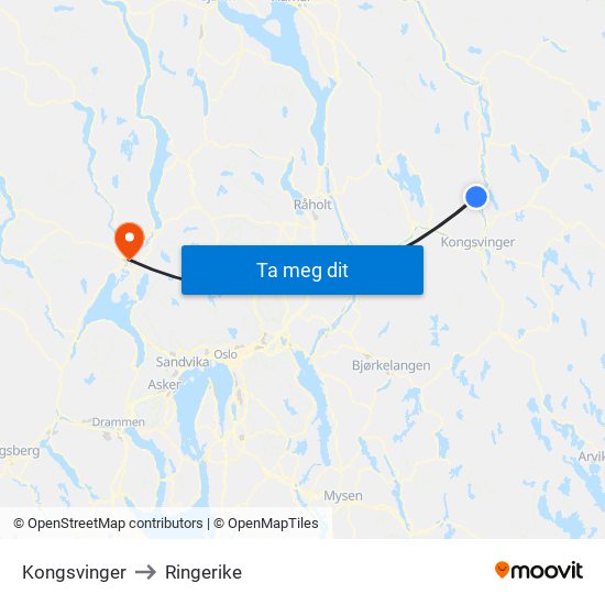 Kongsvinger to Ringerike map