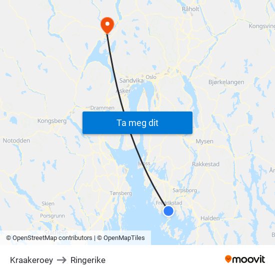 Kraakeroey to Ringerike map