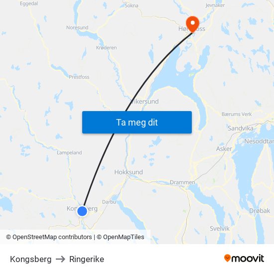 Kongsberg to Ringerike map