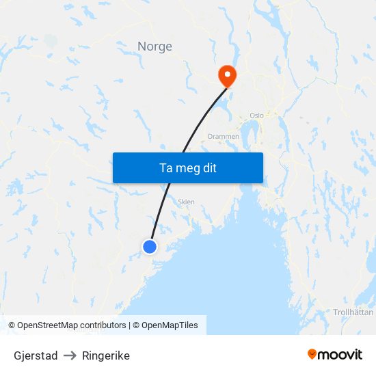 Gjerstad to Ringerike map