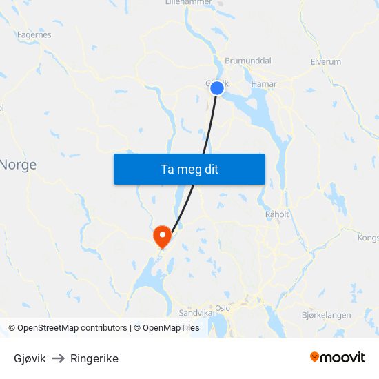 Gjøvik to Ringerike map