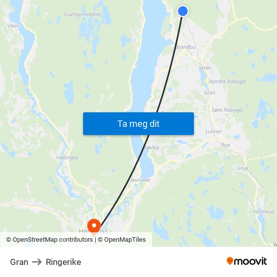 Gran to Ringerike map