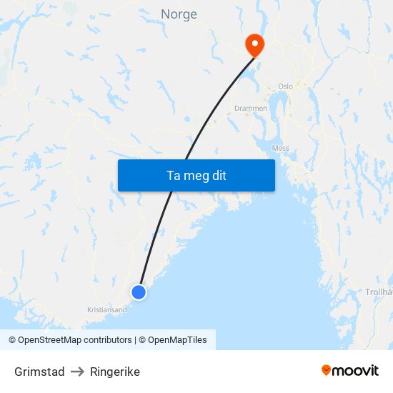 Grimstad to Ringerike map