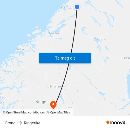 Grong to Ringerike map