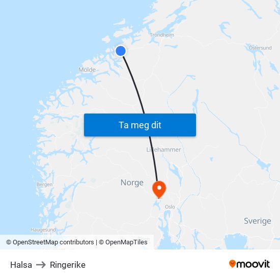 Halsa to Ringerike map