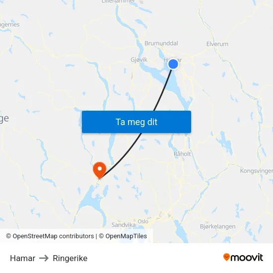 Hamar to Ringerike map