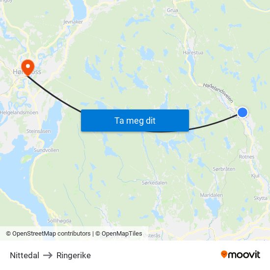 Nittedal to Ringerike map