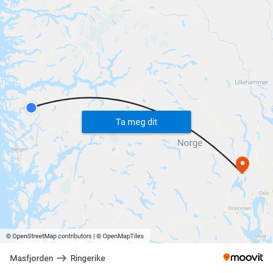 Masfjorden to Ringerike map