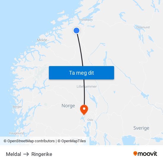 Meldal to Ringerike map