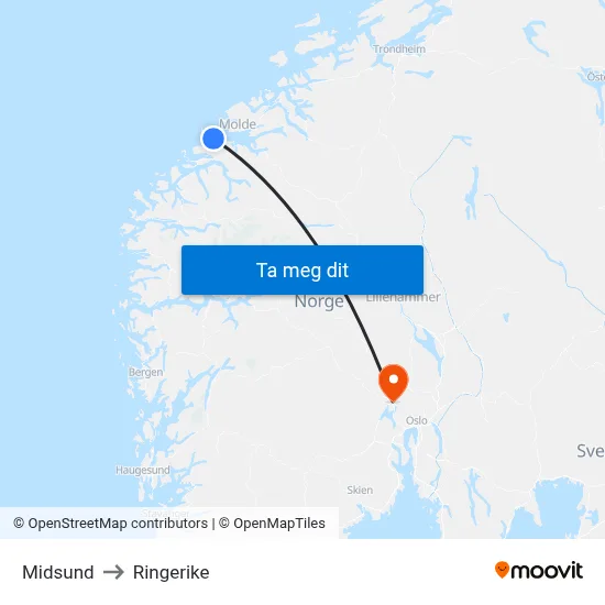 Midsund to Ringerike map
