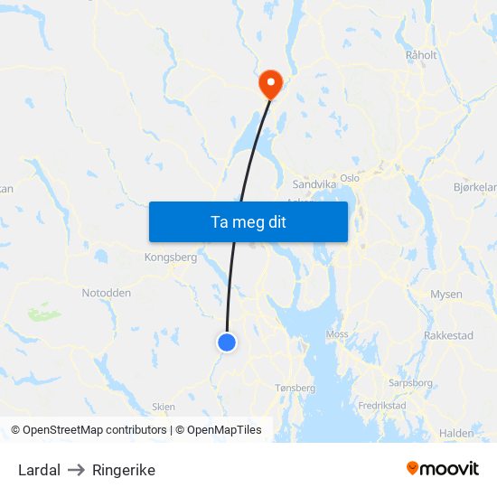 Lardal to Ringerike map