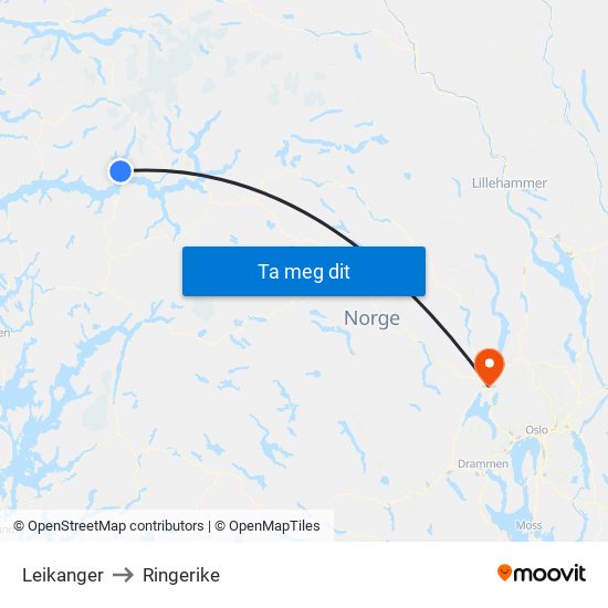 Leikanger to Ringerike map