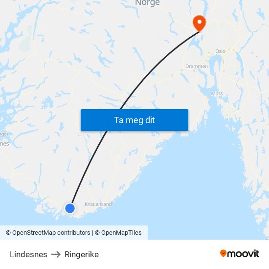 Lindesnes to Ringerike map