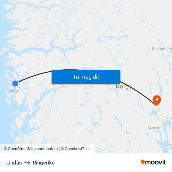 Lindås to Ringerike map