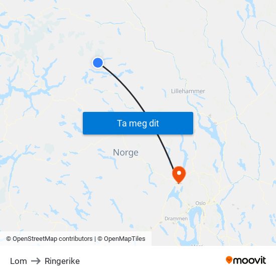 Lom to Ringerike map