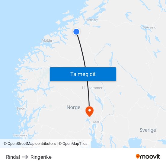 Rindal to Ringerike map