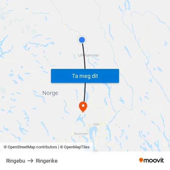 Ringebu to Ringerike map