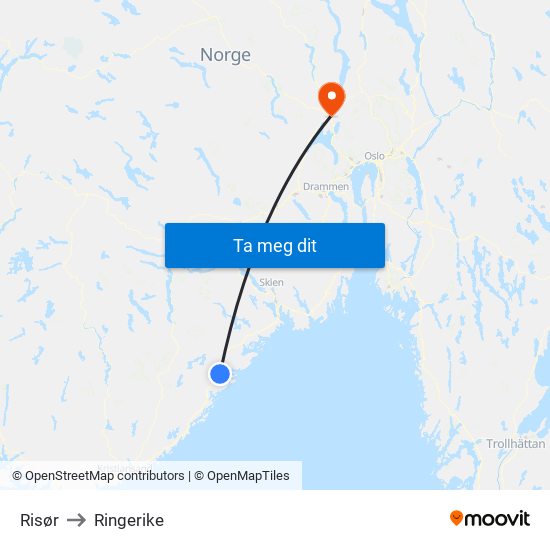 Risør to Ringerike map